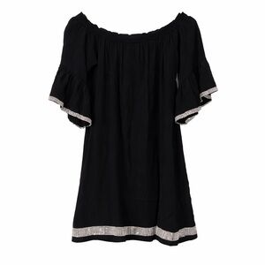 Black Off-Shoulder Tunic Dress with Rhinestone Silver Trim